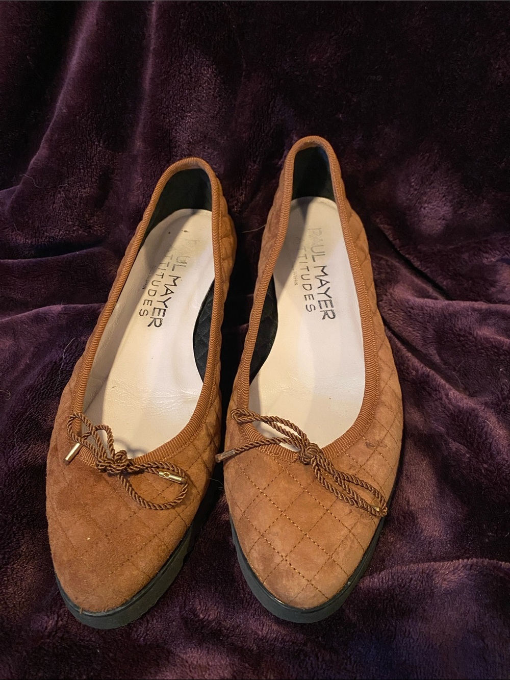 Paul Mayer Brown Quilted Suede Ballet Flats with Rope Trim